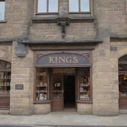 A regal and majestic store with a sign that reads 'Kings'. The architecture is reminiscent of a medieval castle complete with stone walls, arches, and turrets.