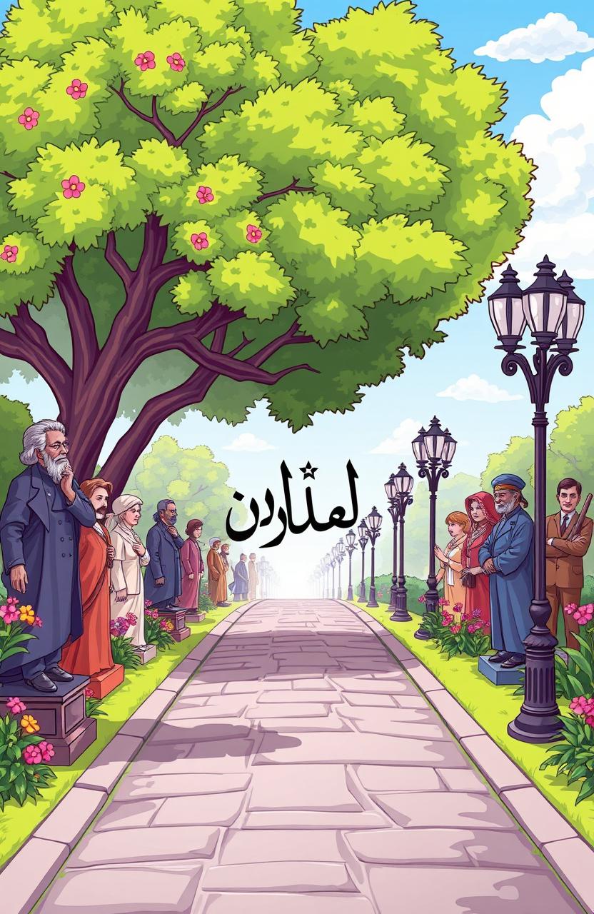 A colorful and vibrant cartoon illustration featuring a street or pathway lined with statues or portraits of famous historical figures, symbolizing the 'Path of Celebrities'