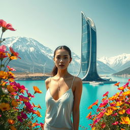 A beautiful woman in minimal clothing with her face clearly visible, standing near the futuristic, bionic-styled skyscraper that features transparent glass elements