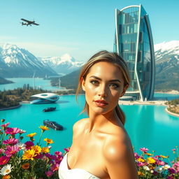 A beautiful woman in minimal clothing with her face clearly visible, standing near the futuristic, bionic-styled skyscraper that features transparent glass elements