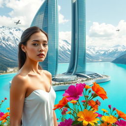 A beautiful woman in minimal clothing with her face clearly visible, standing near the futuristic, bionic-styled skyscraper that features transparent glass elements