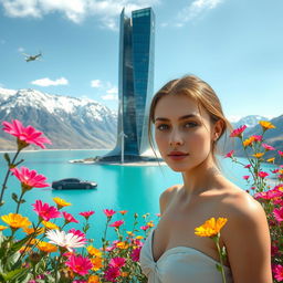 A beautiful woman in minimal clothing with her face clearly visible, standing near the futuristic, bionic-styled skyscraper that features transparent glass elements