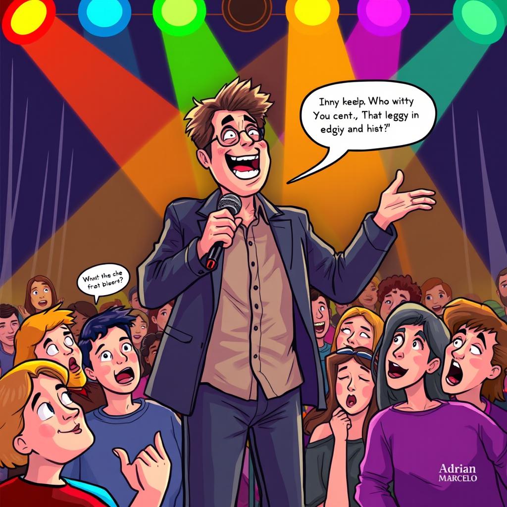 A vibrant illustration of a comedian on stage, delivering edgy and witty humor, capturing a lively audience's reactions