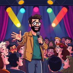 A vibrant illustration of a comedian on stage, delivering edgy and witty humor, capturing a lively audience's reactions