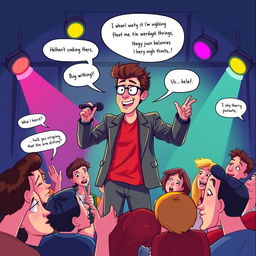 A vibrant illustration of a comedian on stage, delivering edgy and witty humor, capturing a lively audience's reactions