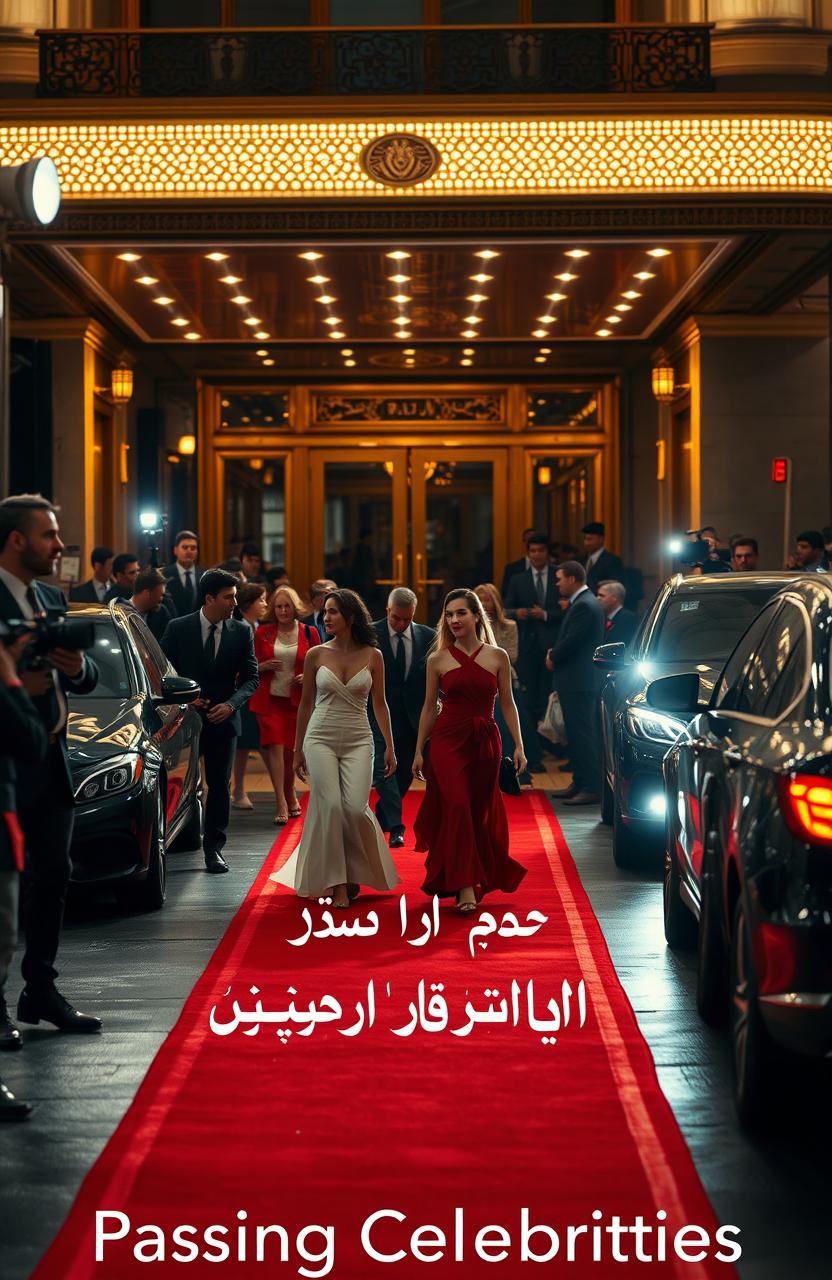 a cinematic scene of a busy city street with a red carpet event
