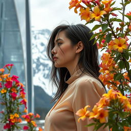 A beautiful woman in a wet, minimalist blouse with her face visible in profile