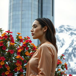 A beautiful woman in a wet, minimalist blouse with her face visible in profile