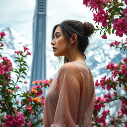 A beautiful woman in a wet, minimalist blouse with her face visible in profile