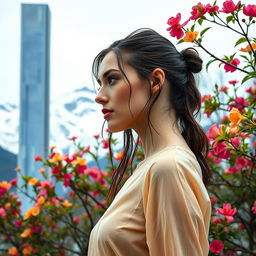 A beautiful woman in a wet, minimalist blouse with her face visible in profile