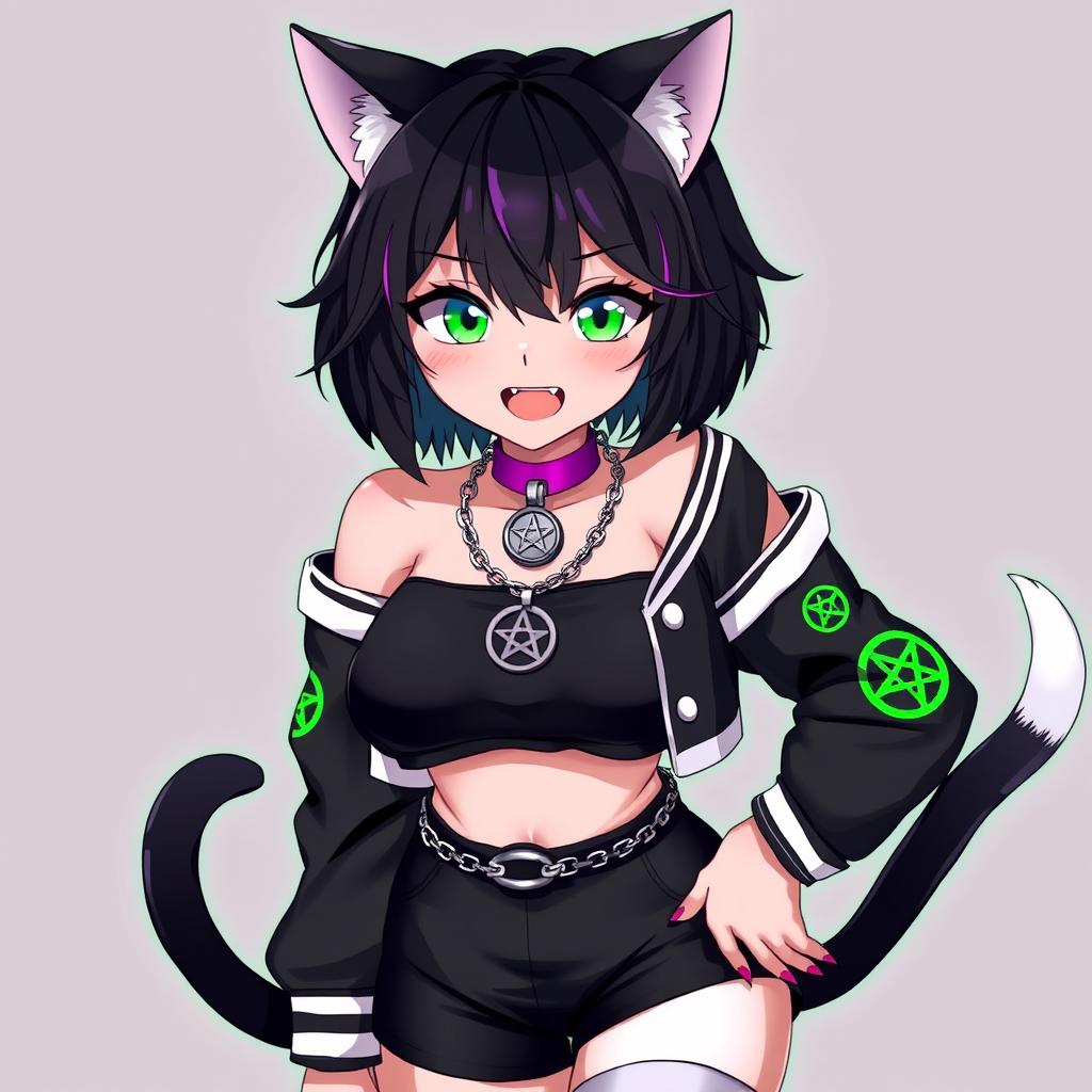 Anime style character, a 27-year-old black cat girl with two tails, short black hair with purple highlights, glowing bright green cat eyes, and pink cat-like nails