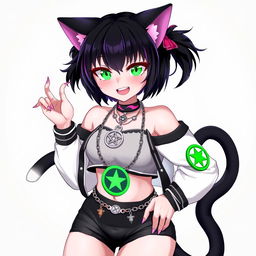 Anime style character, a 27-year-old black cat girl with two tails, short black hair with purple highlights, glowing bright green cat eyes, and pink cat-like nails