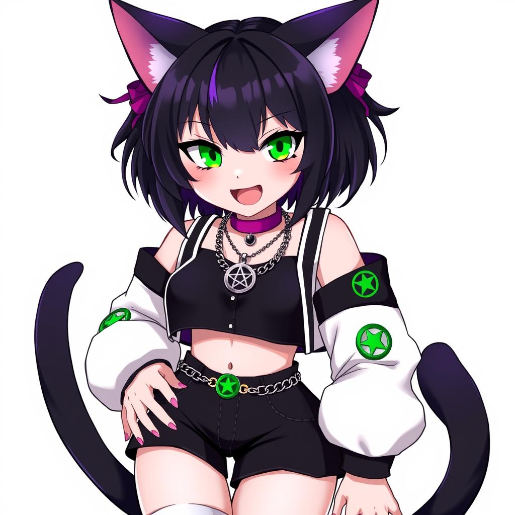 Anime style character, a 27-year-old black cat girl with two tails, short black hair with purple highlights, glowing bright green cat eyes, and pink cat-like nails