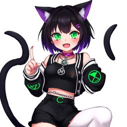 Anime style character, a 27-year-old black cat girl with two tails, short black hair with purple highlights, glowing bright green cat eyes, and pink cat-like nails