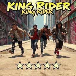 A dynamic scene depicting four hip-hop teenagers in stylish urban clothing energetically running from the police