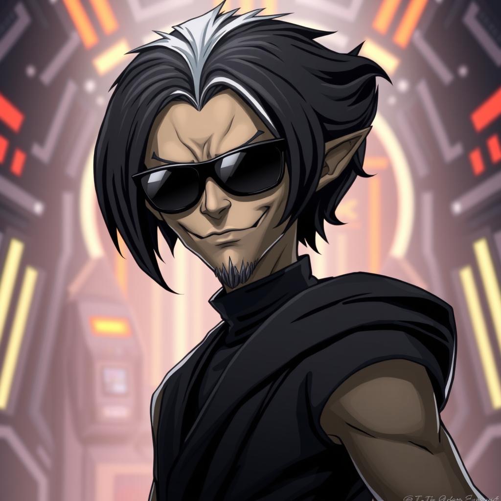 A male clawdite from Star Wars wearing a black medium-length wig and sunglasses, showcasing a cocky smirk