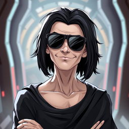 A male clawdite from Star Wars wearing a black medium-length wig and sunglasses, showcasing a cocky smirk