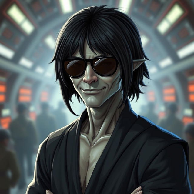 A male clawdite from Star Wars wearing a black medium-length wig and sunglasses, showcasing a cocky smirk