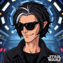 A male clawdite from Star Wars wearing a black medium-length wig and sunglasses, showcasing a cocky smirk