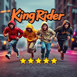 A dynamic and vibrant scene depicting four hip-hop teenagers running with expressions of energy and excitement, as if escaping a thrilling chase