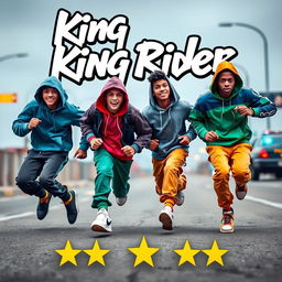 A dynamic and vibrant scene depicting four hip-hop teenagers running with expressions of energy and excitement, as if escaping a thrilling chase