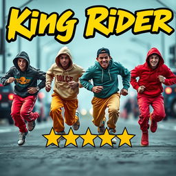 A dynamic and vibrant scene depicting four hip-hop teenagers running with expressions of energy and excitement, as if escaping a thrilling chase