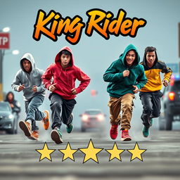 A dynamic and vibrant scene depicting four hip-hop teenagers running with expressions of energy and excitement, as if escaping a thrilling chase