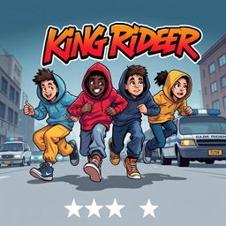 A stylized graffiti and cartoon-inspired image featuring four hip-hop teenagers running with dynamic energy as if engaged in an exhilarating chase