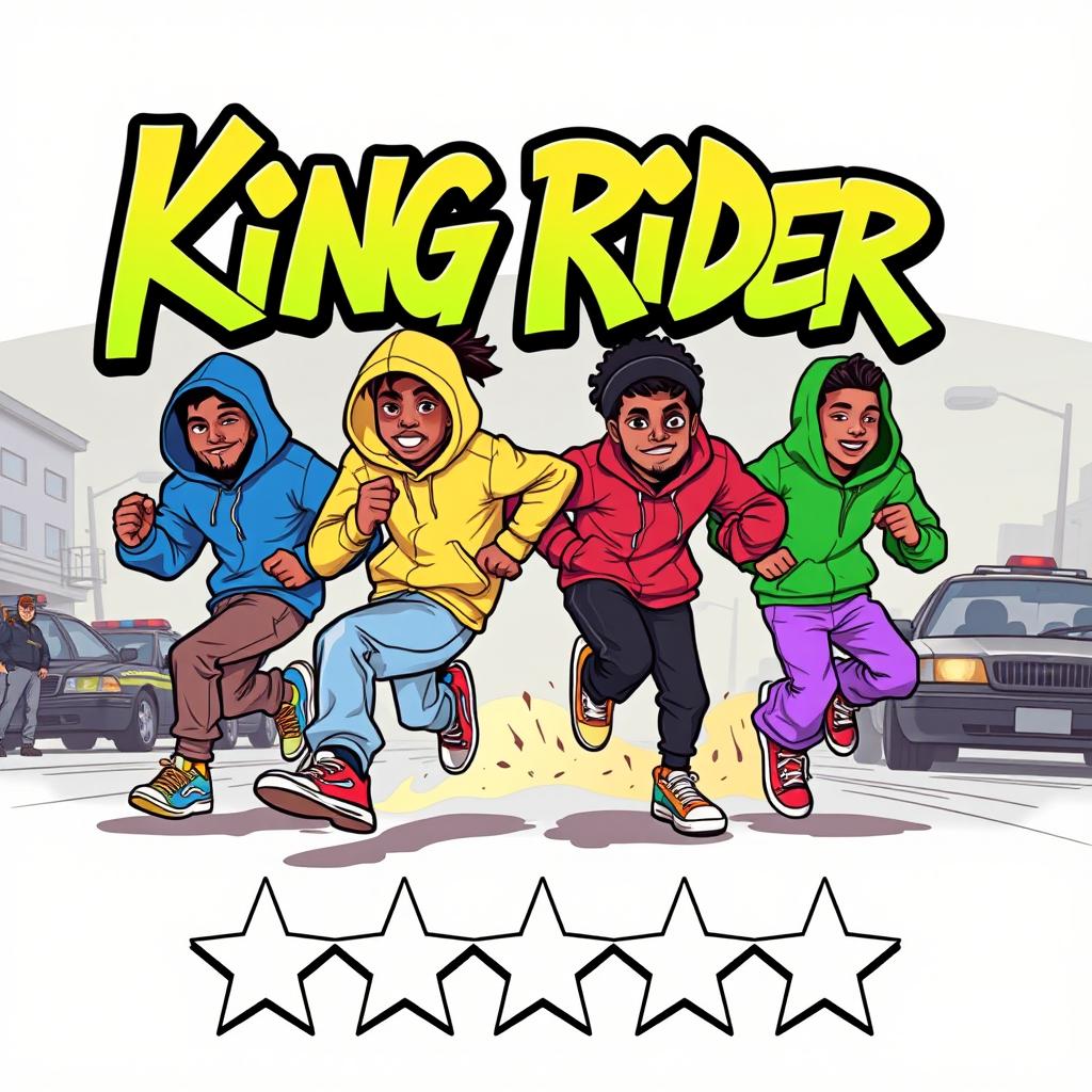 A stylized graffiti and cartoon-inspired image featuring four hip-hop teenagers running with dynamic energy as if engaged in an exhilarating chase