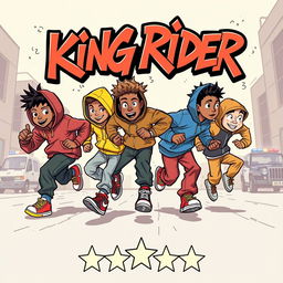 A stylized graffiti and cartoon-inspired image featuring four hip-hop teenagers running with dynamic energy as if engaged in an exhilarating chase