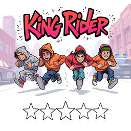 A stylized graffiti and cartoon-inspired image featuring four hip-hop teenagers running with dynamic energy as if engaged in an exhilarating chase