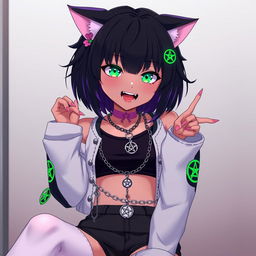 Anime style portrait of a 27-year-old black nekomata girl with short black hair featuring purple highlights