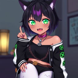 Anime style portrait of a 27-year-old black nekomata girl with short black hair featuring purple highlights