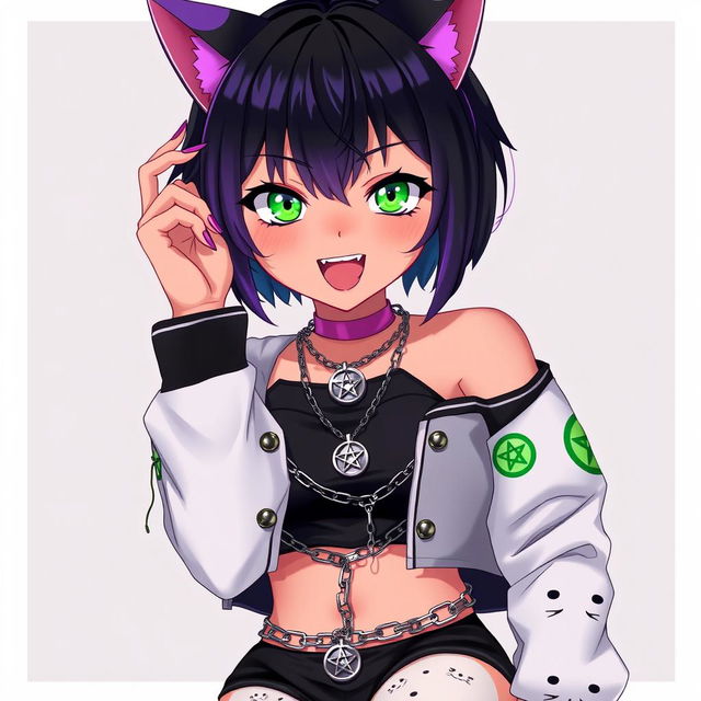 Anime style portrait of a 27-year-old black nekomata girl with short black hair featuring purple highlights