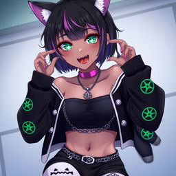 Anime style portrait of a 27-year-old black nekomata girl with short black hair featuring purple highlights