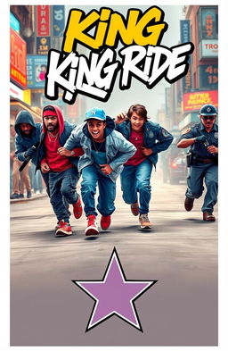 A graffiti-style cinematic image featuring four hip-hop teenagers running with expressions of determination and excitement