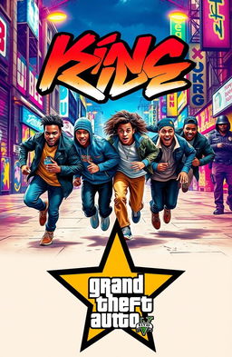 A graffiti-style cinematic image featuring four hip-hop teenagers running with expressions of determination and excitement