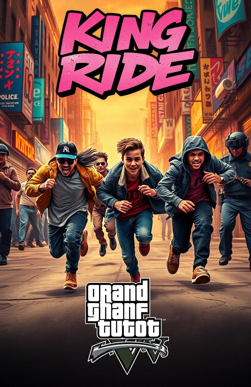 A graffiti-style cinematic image featuring four hip-hop teenagers running with expressions of determination and excitement