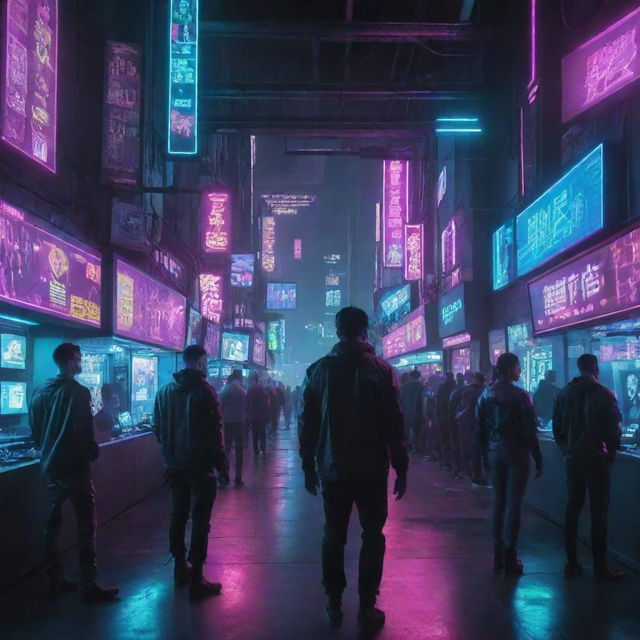 A society of humans interlinked technologically in a cyberpunk style, filled with neon lights and futuristically augmented humans.