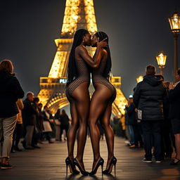 In a captivating Parisian night scene, two tall, slender black women with beautifully braided hair stand confidently in front of the iconic, illuminated Eiffel Tower