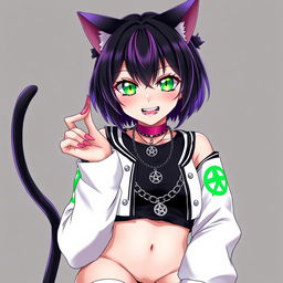 Anime style portrait of a 27-year-old nekomata girl with two long tails