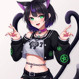 Anime style portrait of a 27-year-old nekomata girl with two long tails