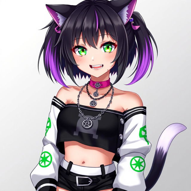 Anime style portrait of a 27-year-old nekomata girl with two long tails