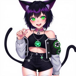 Anime style portrait of a 27-year-old nekomata girl with two long tails