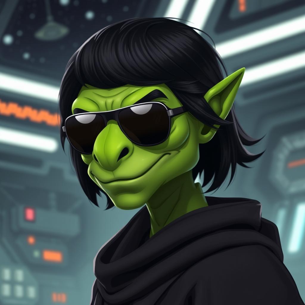 A green male clawdite from Star Wars wearing a black medium-length wig and sunglasses, showcasing a cocky smirk