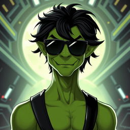 A green male clawdite from Star Wars wearing a black medium-length wig and sunglasses, showcasing a cocky smirk