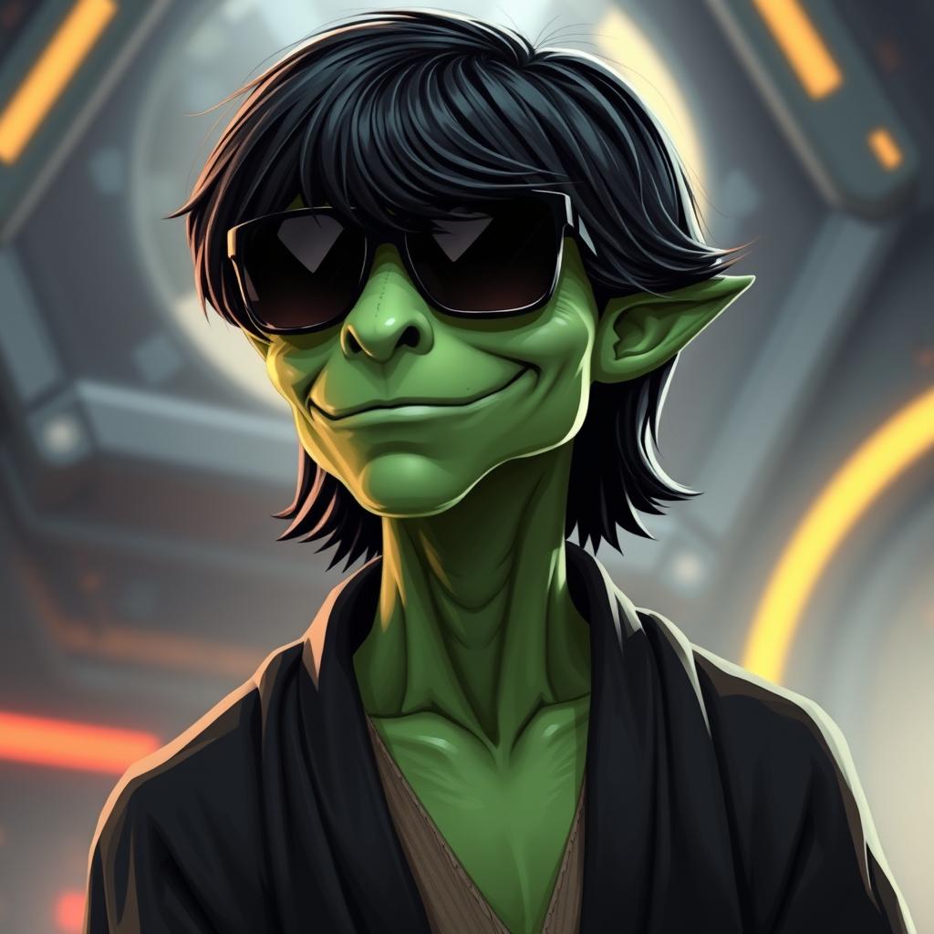 A green male clawdite from Star Wars wearing a black medium-length wig and sunglasses, showcasing a cocky smirk