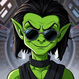 A green male clawdite from Star Wars wearing a black medium-length wig and sunglasses, showcasing a cocky smirk