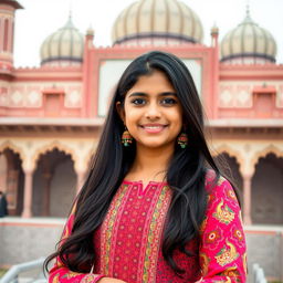 A Pakistani girl with traditional attire, showcasing vibrant cultural attire such as a beautifully embroidered shalwar kameez with intricate patterns