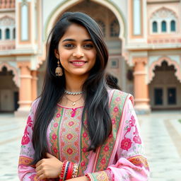 A Pakistani girl with traditional attire, showcasing vibrant cultural attire such as a beautifully embroidered shalwar kameez with intricate patterns